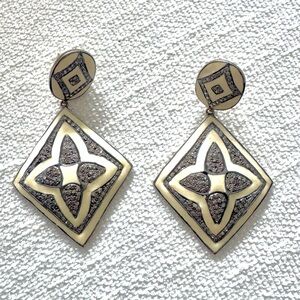 Handcrafted Cream & Black Enamel earrings with Indian Diamonds